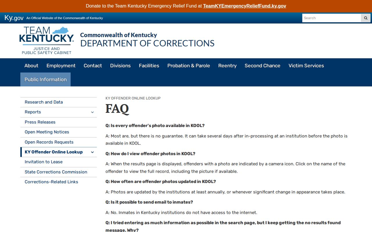 Kentucky DOC KOOL photo policy for Robertson County arrest research
