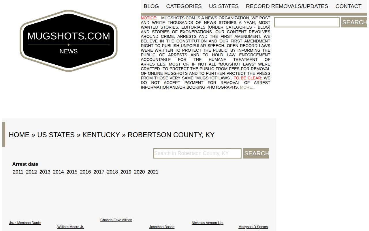 Unofficial Mugshots.com Robertson County Kentucky section