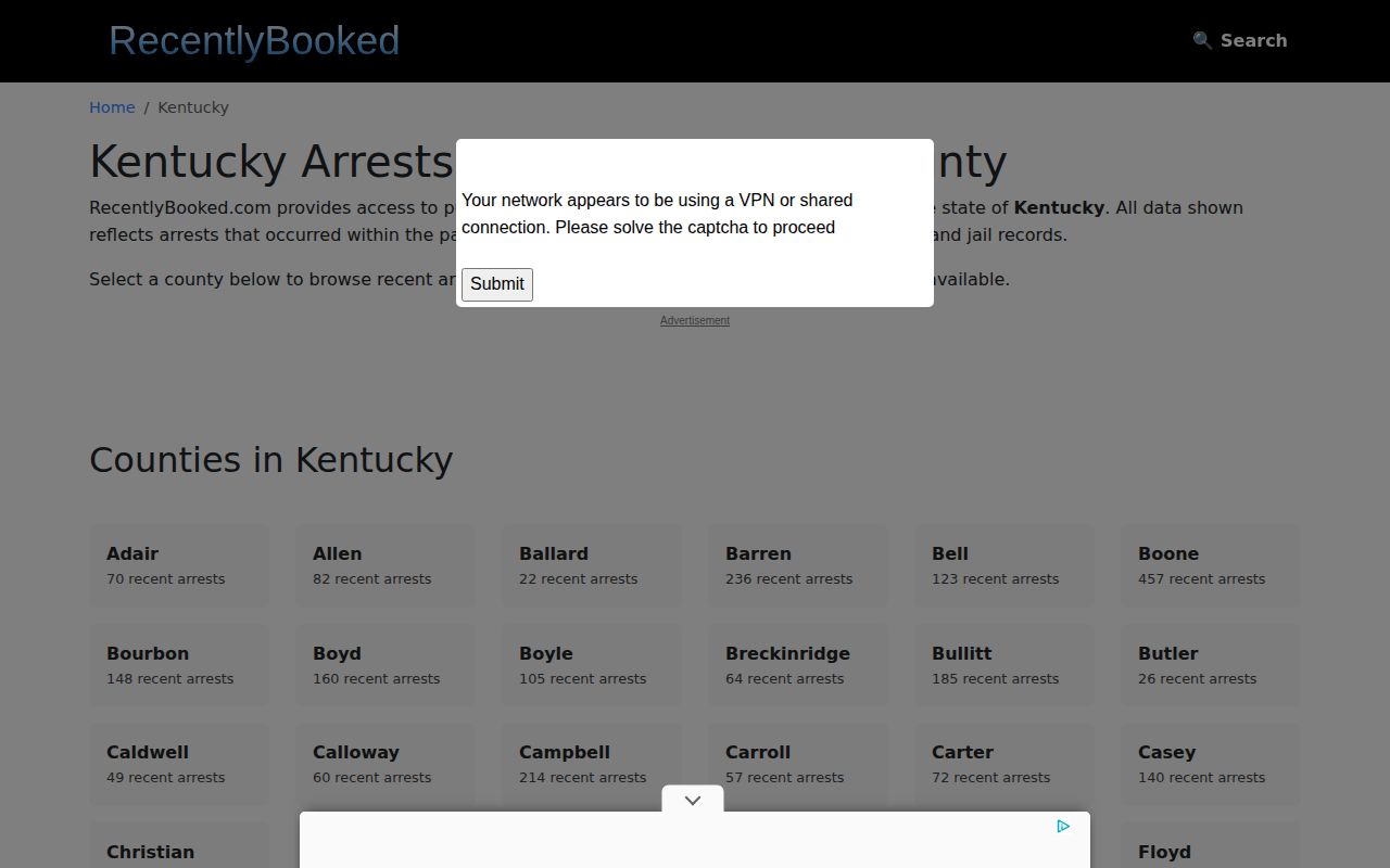 RecentlyBooked Kentucky index checked for Robertson County arrest coverage